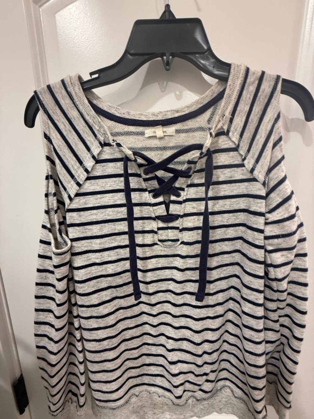 Maurices Navy and Cream Striped Off-the-Shoulder Lace-Up Sweater